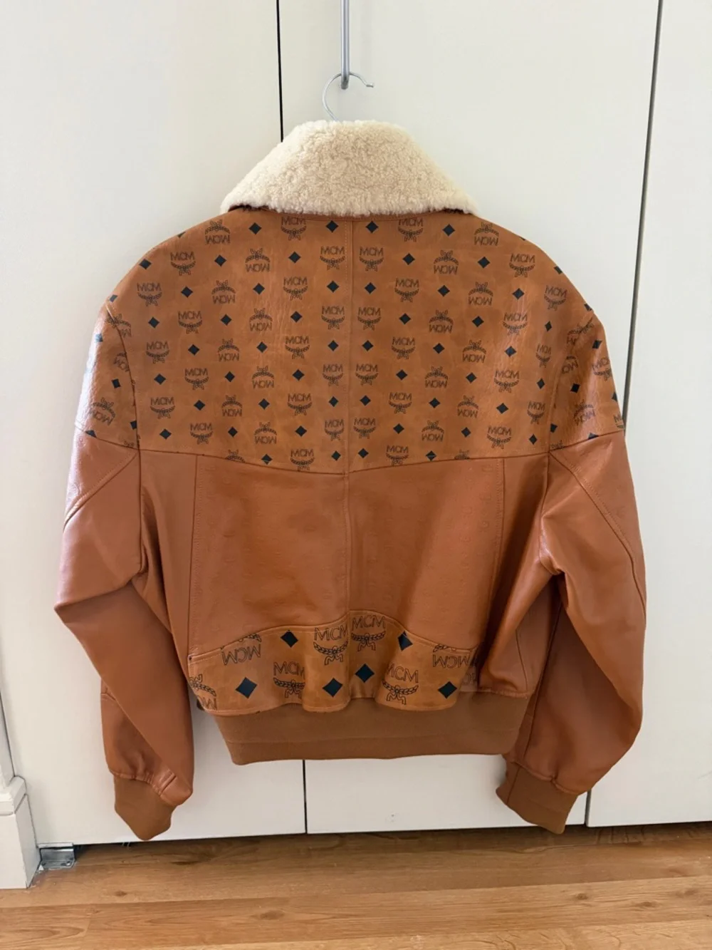 MCM Cognac Brown Leather Bomber Jacket with Shearling Collar - Picture 2 of 6